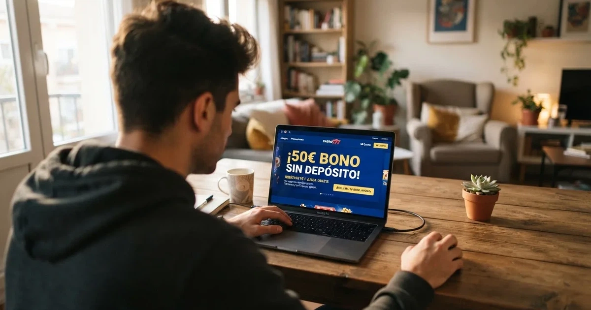 Un jugador consulta en su portátil la pantalla de promociones de un casino online español, con el texto «50€ bono sin depósito» visible en la interfaz