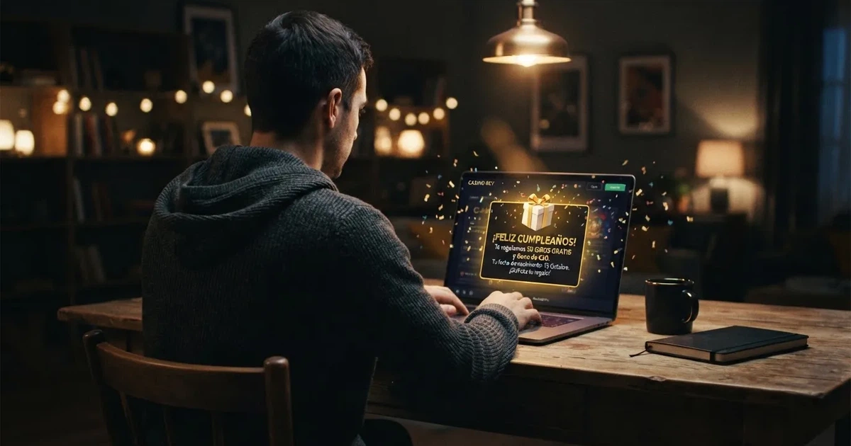 Un jugador abriendo una notificación de regalo de cumpleaños en la pantalla de un casino online, con confeti y el número de su edad en la interfaz