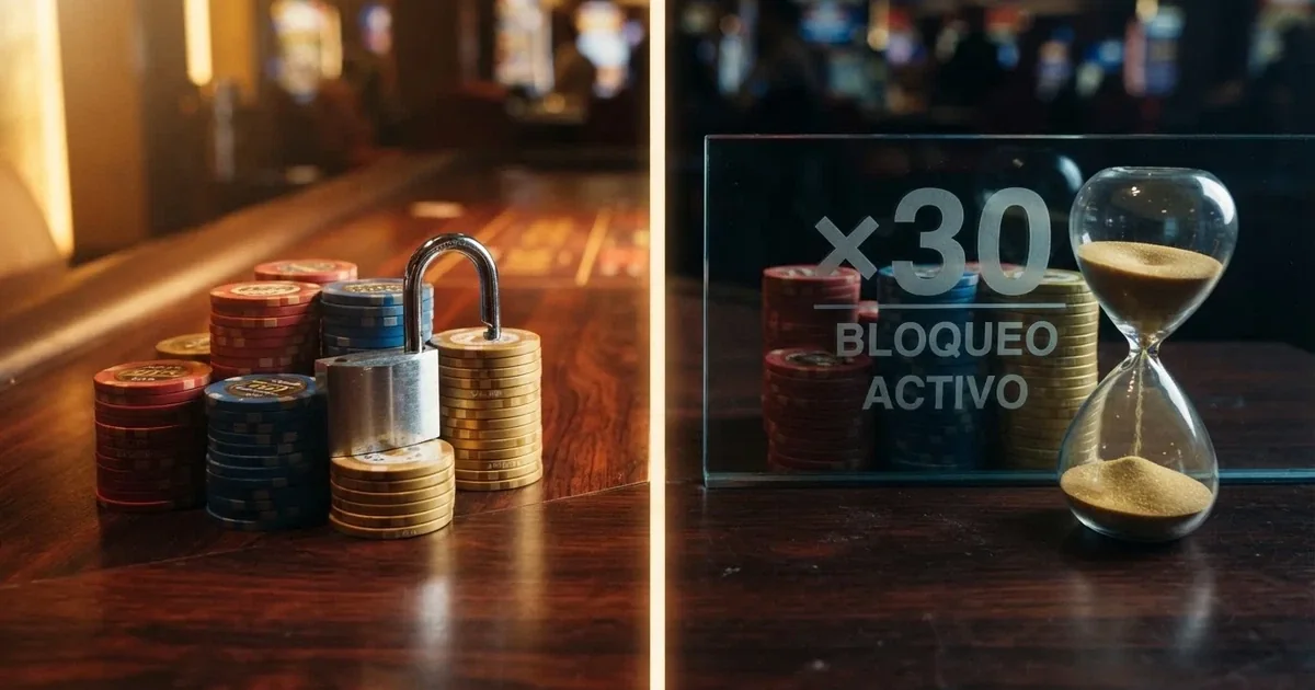 Dos caminos visuales: a la izquierda, fichas de casino acumulándose con un candado abierto y la etiqueta «saldo real»; a la derecha, las mismas fichas tras una barrera con el texto «x30» y un reloj, mostrando la diferencia entre retirar ganancias con y sin rollover