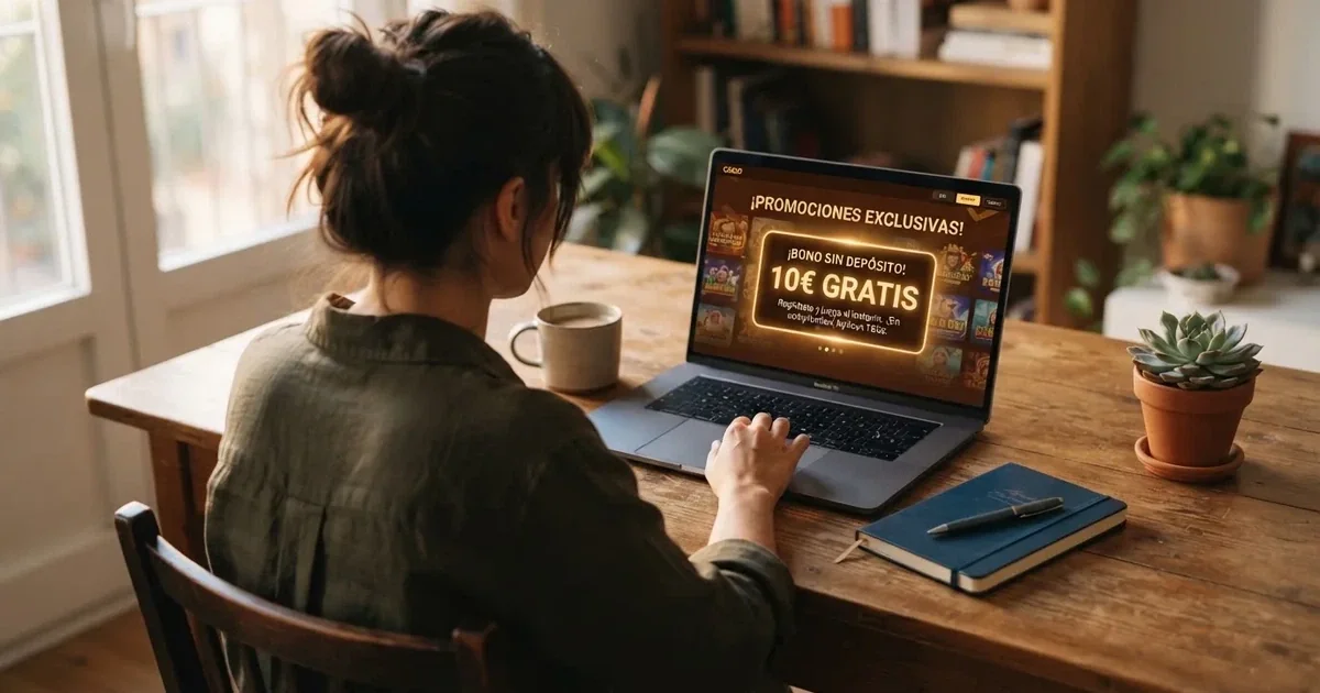 Pantalla de un casino online con licencia DGOJ mostrando la sección de promociones con un bono sin depósito destacado en primer plano