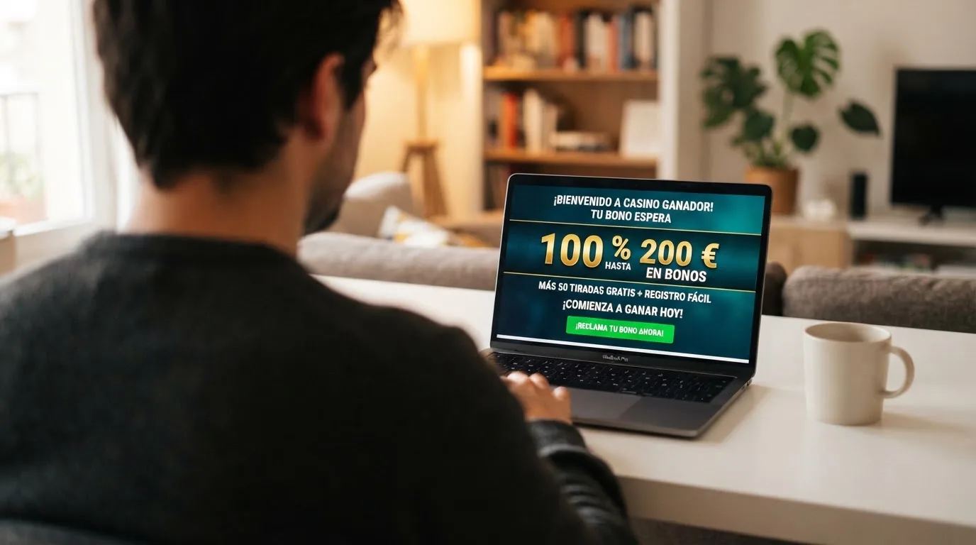Interfaz de un casino online con la sección de promociones destacando un bono de bienvenida del 100% hasta 200€