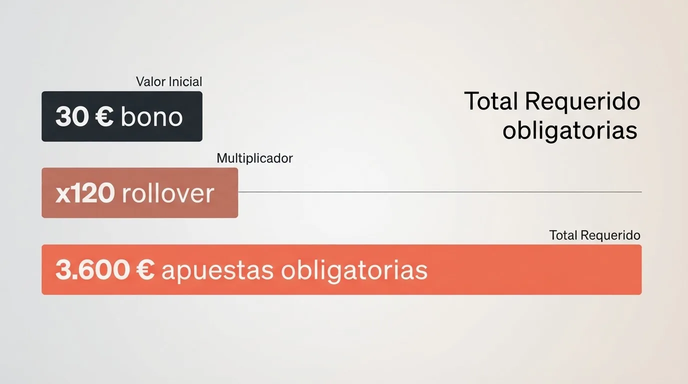 Representación visual del cálculo de rollover: un bono de 30 € multiplicado por un requisito de apuesta de x120 equivale a 3.600 € en apuestas obligatorias antes de poder retirar