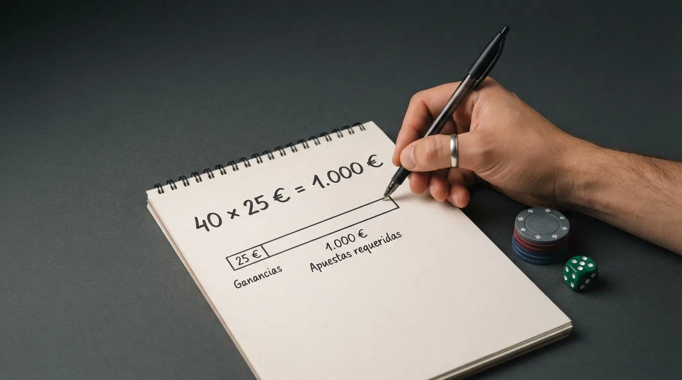 Ilustración del cálculo de un requisito de apuesta: 40× sobre 25 € de ganancias equivale a 1.000 € en apuestas antes de poder retirar
