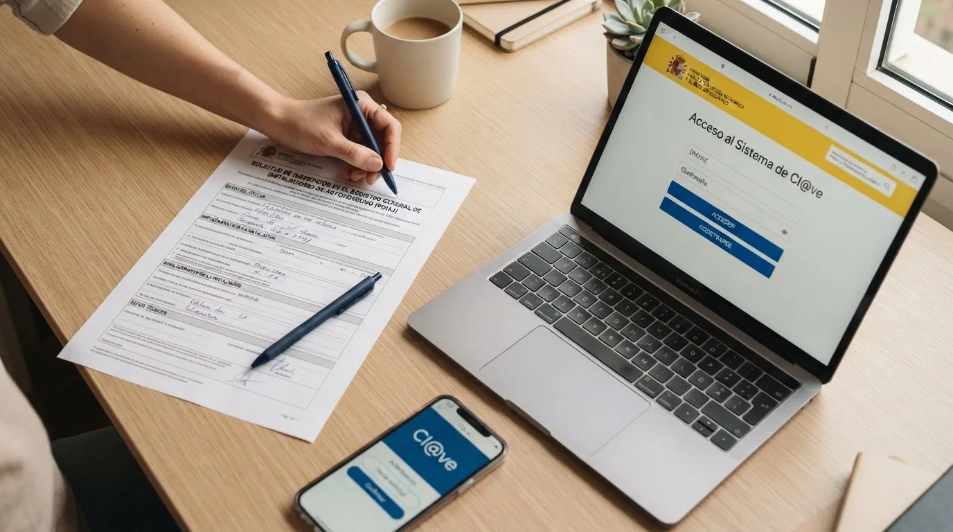 Formulario de inscripción al RGIAJ junto a una pantalla con la Sede Electrónica de la DGOJ abierta y un teléfono móvil con la app Cl@ve en primer plano