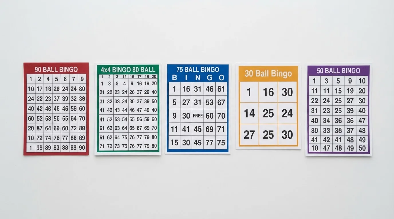 Cinco cartones de bingo alineados mostrando los formatos de 90, 80, 75, 50 y 30 bolas, cada uno con su cuadrícula característica y colores distintos por variante