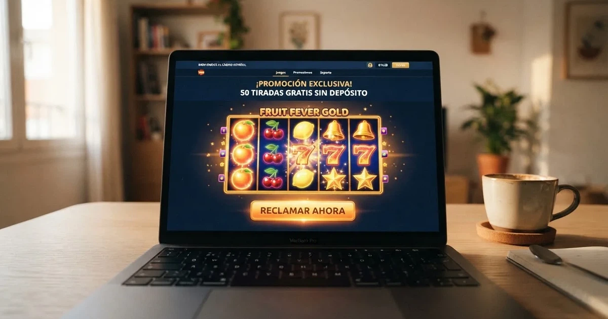 Interfaz de un casino online español mostrando una promoción de tiradas gratis sin depósito en una tragaperras