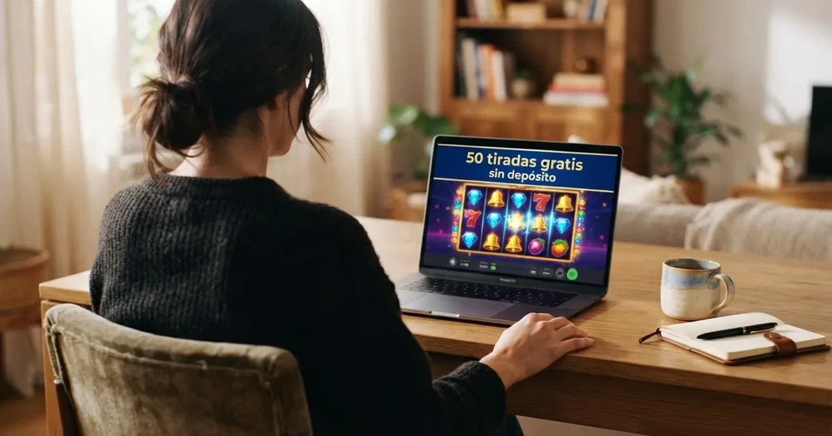 Interfaz de un casino online español mostrando una promoción de 50 tiradas gratis sin depósito en la pantalla de bienvenida