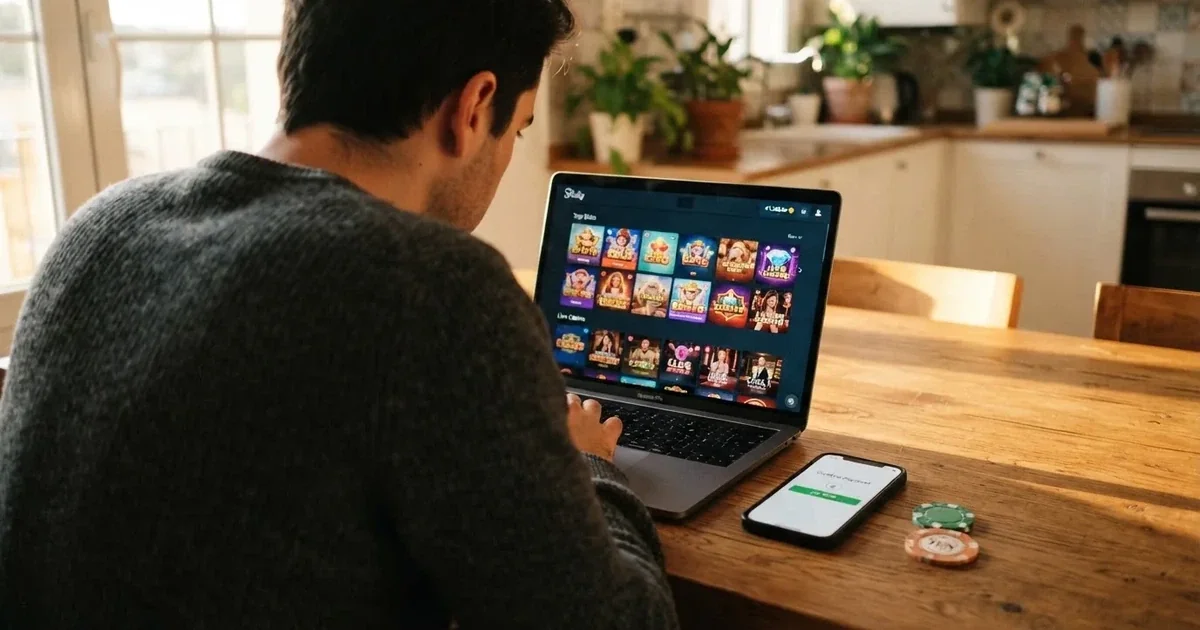 Un jugador consulta una tabla comparativa de casinos online en la pantalla de un ordenador portátil, junto a un móvil con la app de Bizum abierta y un billete de 10 euros sobre la mesa.