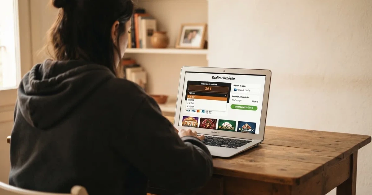 Interfaz de un casino online español con licencia DGOJ mostrando la pantalla de depósito con el importe de 20 euros seleccionado