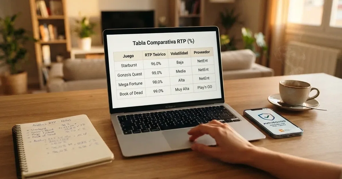 Escritorio con pantalla mostrando una tabla comparativa de RTP de casinos, una calculadora y un móvil con la app de la DGOJ abierta junto a un café