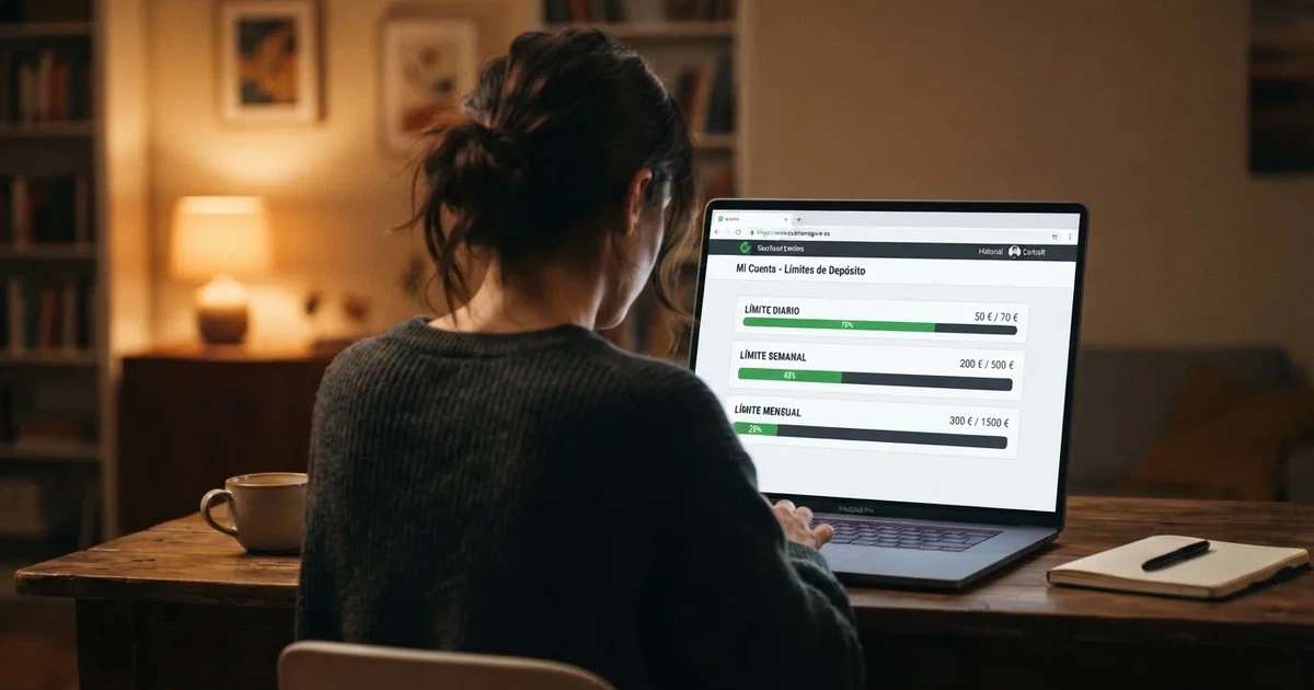 Un jugador consultando los ajustes de límite de depósito en la pantalla de un casino online regulado, con el candado de conexión segura visible en la barra del navegador