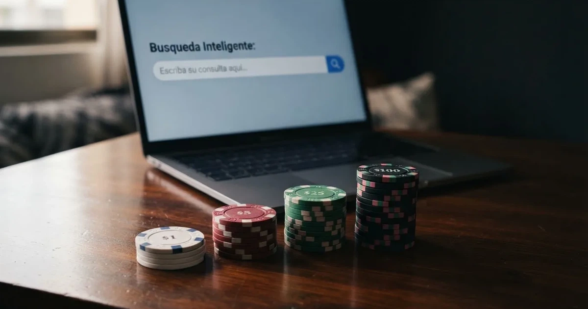 Comparativa visual de fichas de casino apiladas por valor creciente junto a una pantalla con el buscador de licencias de la DGOJ