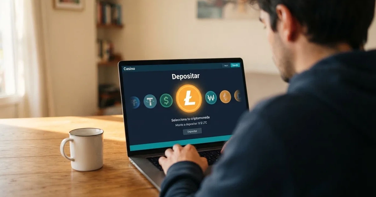 Interfaz de un casino online mostrando la opción de depósito Litecoin (LTC) junto a otras criptomonedas en el cajero digital