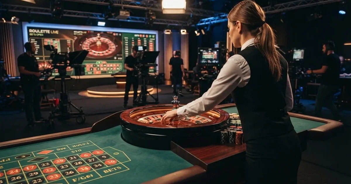 Crupier real de espaldas al espectador girando el cilindro de una ruleta en vivo, con el tapete iluminado en primer plano y múliples pantallas de estudio al fondo