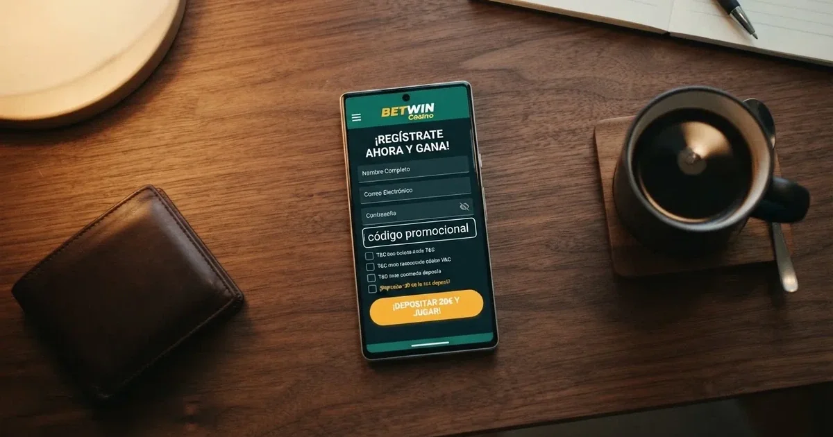 teléfono móvil mostrando la pantalla de registro de un casino online español con el campo «código promocional» visible junto al botón de depósito