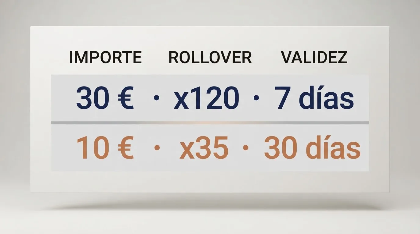 Interfaz de comparación de bonos de casino con columnas de importe, requisito de apuesta y plazo de validez