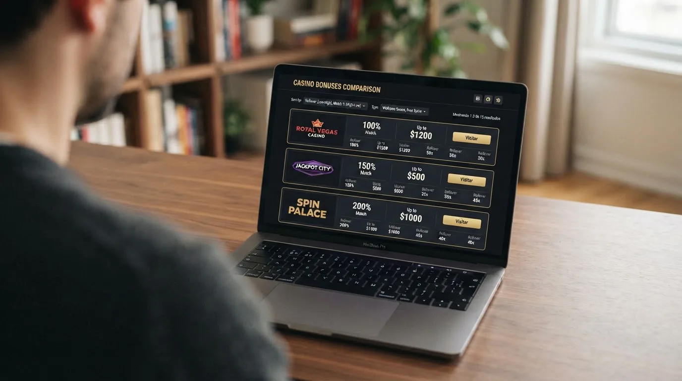 Interfaz de un casino online español con varias ofertas de bono de bienvenida visibles en pantalla, mostrando porcentajes, importes máximos y condiciones de rollover