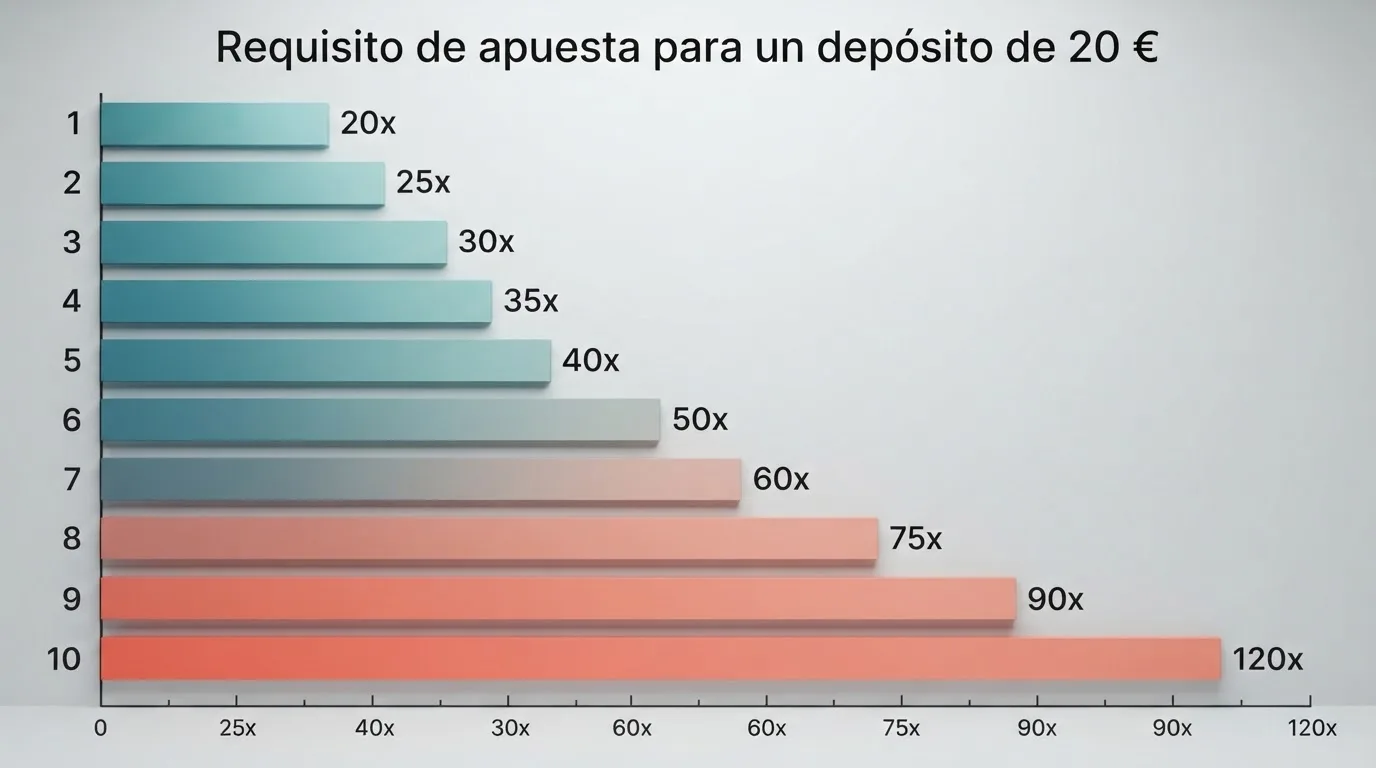 Tabla comparativa con los logotipos de los 10 casinos españoles destacados y sus condiciones de bono para un depósito de 20 euros