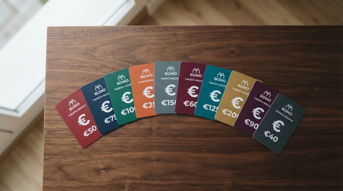 Una mesa con diez tarjetas de regalo dispuestas en abanico, cada una con el color corporativo de un casino español diferente y una cifra de bono visible