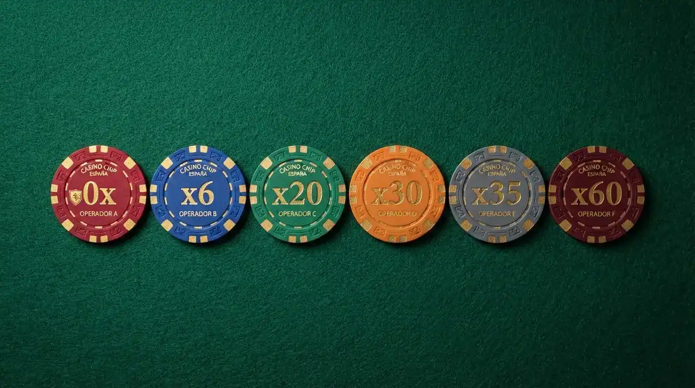 Fichas de operador con su logo, licencia DGOJ visible y el distintivo «0x» o «x6» junto al nombre, ordenadas de mayor a menor ventaja para el jugador
