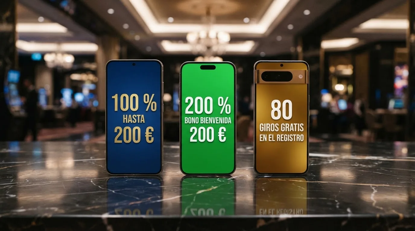 pantalla dividida con tres interfaces de casino online español mostrando distintas ofertas de bono de bienvenida con sus importes en euros
