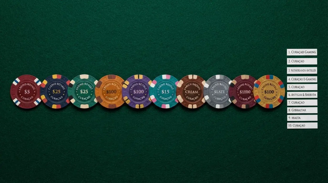 Fila de fichas de casino con los nombres de diez operadores bitcoin y una columna que indica su país de licencia