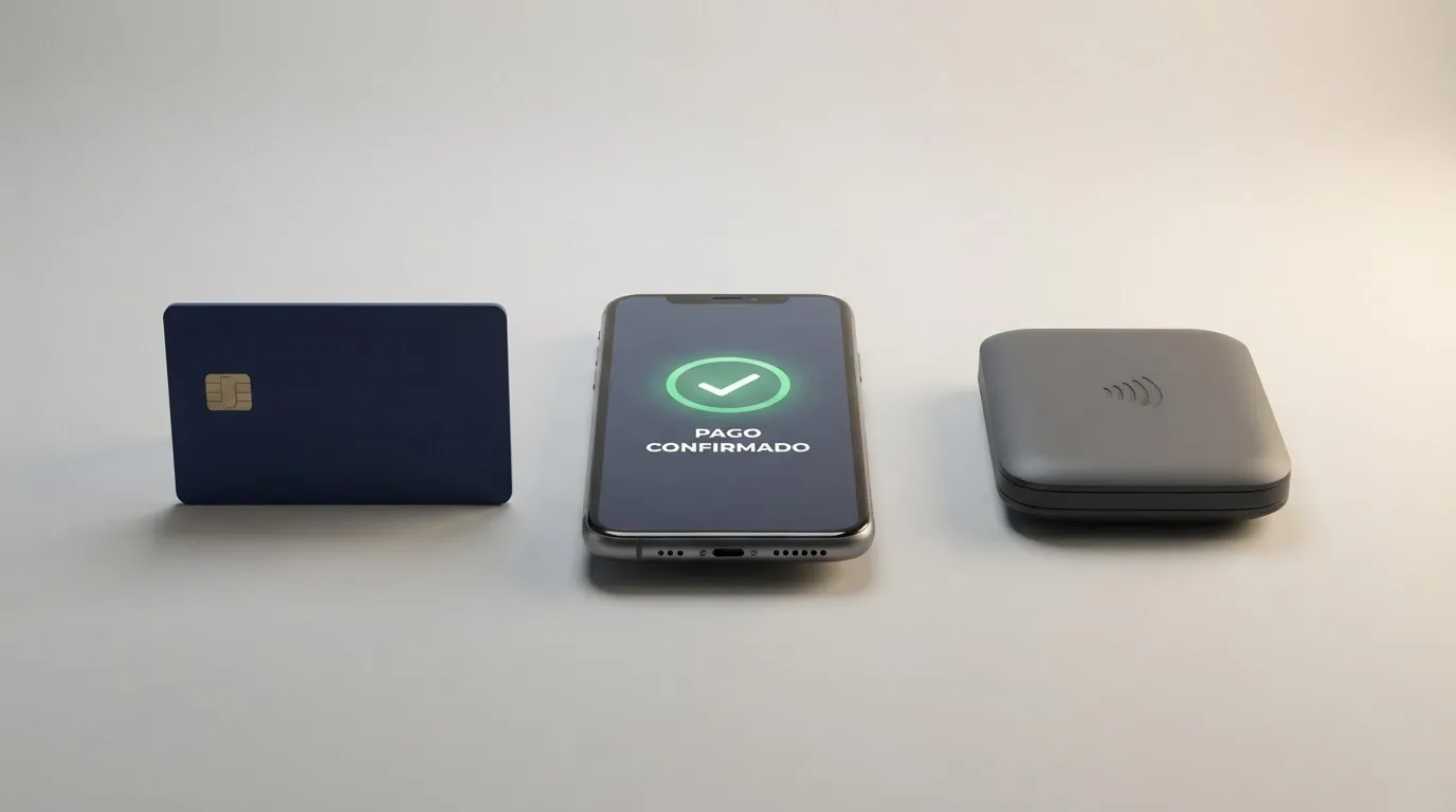 Una comparación visual de tres métodos de pago móvil: tarjeta bancaria, Bizum y monedero electrónico, cada uno con su icono reconocible sobre el fondo de un casino online