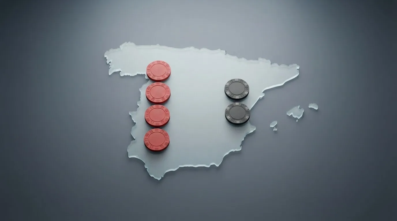 Una tabla con fichas de casino — una columna con el icono de un regalo tachado y otra con el icono de un regalo abierto — sobre un mapa esquemático de España