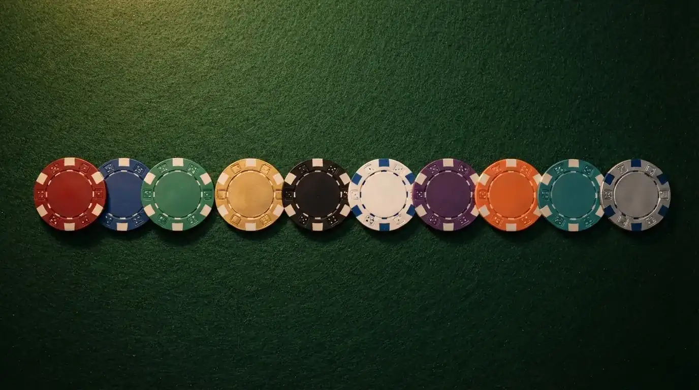 Diez fichas de casino alineadas sobre una mesa de juego, cada una con el logo de un operador DGOJ diferente, ordenadas como en un podio