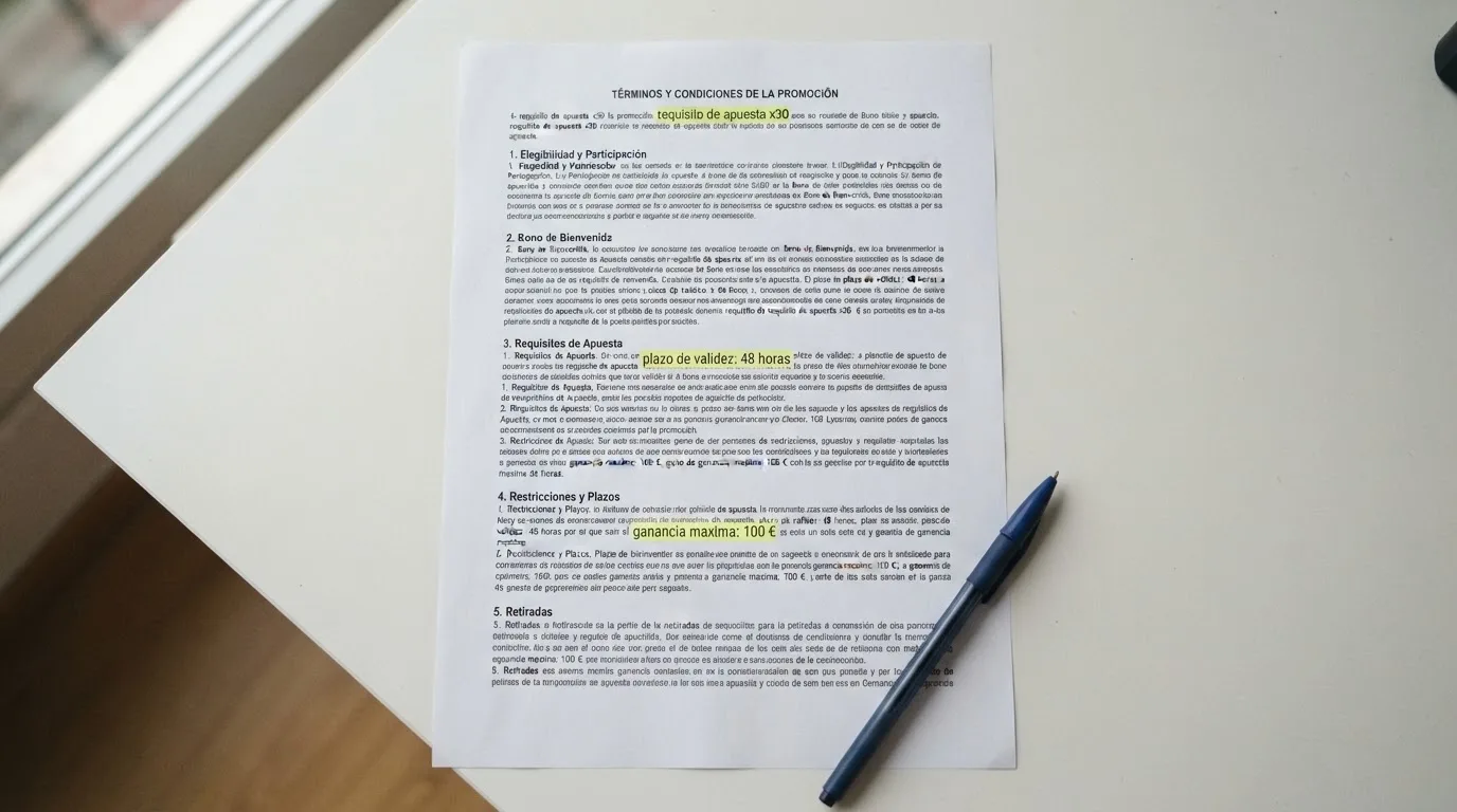 Primer plano de los términos y condiciones de un bono sin depósito con las cifras de rollover, plazo de validez y ganancia máxima resaltadas