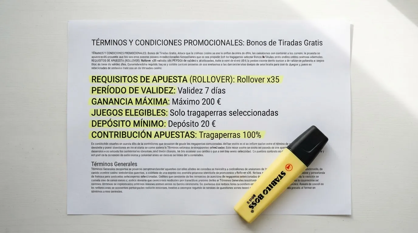 Primer plano de los términos de una promoción de tiradas gratis donde se destacan el requisito de apuesta, el límite de ganancia y la fecha de caducidad