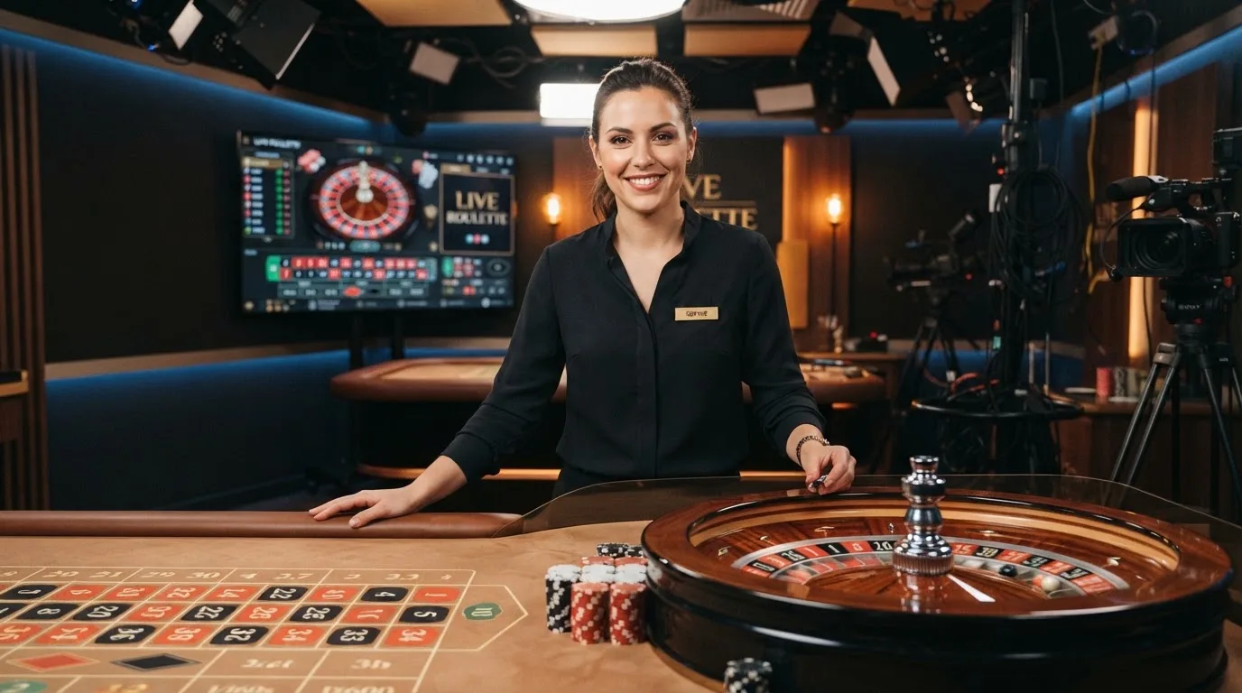 Plano medio de un crupier en español sonriendo detrá de una mesa de ruleta en vivo, con el logotipo de Evolution Gaming visible en el monitor del estudio