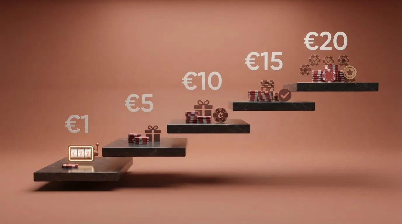 Escalera ascendente con los valores 1 €, 5 €, 10 €, 15 € y 20 € y las funciones que se desbloquean en cada peldaño