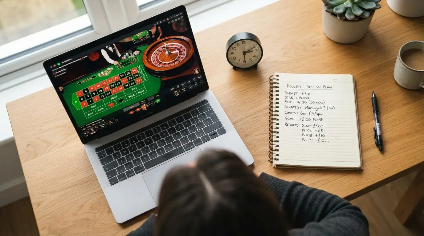 Un jugador anotando en un bloc de notas su presupuesto de sesión junto a una pantalla de ruleta en vivo en un portáil, con un reloj visible marcando un líite de tiempo