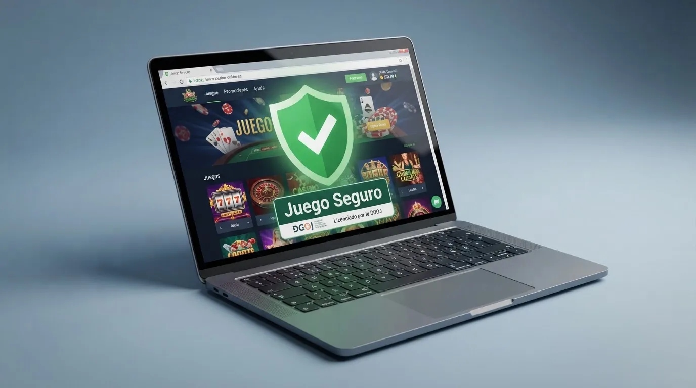 El logotipo de la DGOJ junto al dominio .es y el sello de Juego Seguro en la pantalla de un casino online regulado