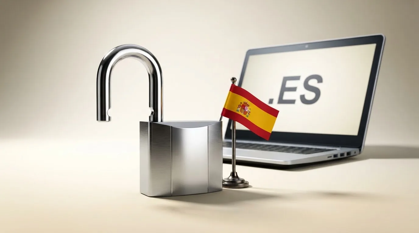 El logotipo oficial de la DGOJ junto a un candado abierto y la bandera de España, sobre el fondo de una pantalla con el dominio .es