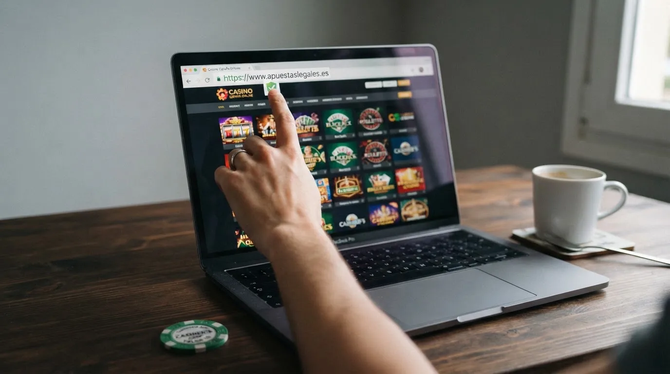 Primer plano del sello de la Dirección General de Ordenación del Juego sobre la pantalla de un casino online con dominio .es, con el texto «Juego seguro» visible.