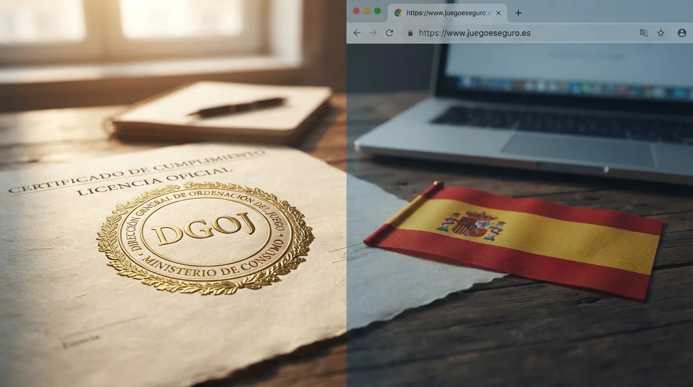 Sello oficial de la DGOJ junto al dominio .es y la bandera de España, con una línea divisoria que separa el espacio regulado del offshore señalizado como «sin protección legal»