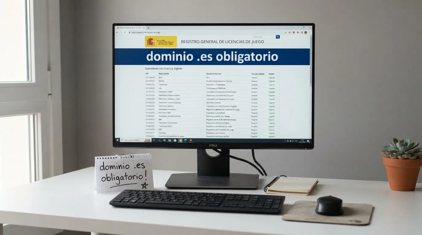 Pantalla de ordenador con el sitio ordenacionjuego.es abierto en el registro de operadores licenciados, junto al texto «dominio .es obligatorio» y el logotipo de la DGOJ