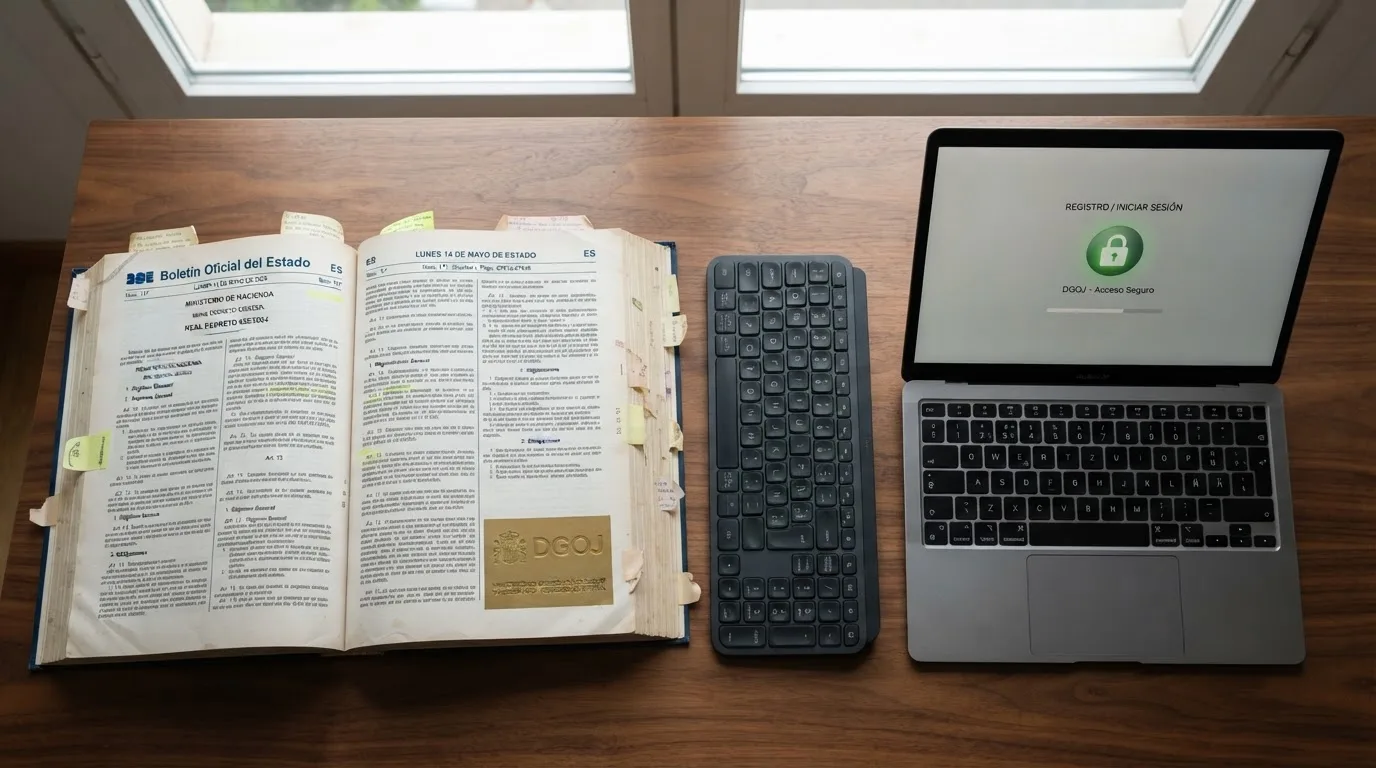 El BOE abierto sobre una mesa junto a un teclado, con un sello de la DGOJ superpuesto y un candado sobre la pantalla de un portátil