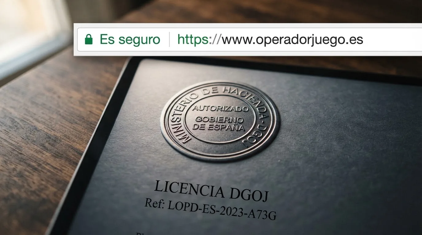 Primer plano del sello de la DGOJ junto a la URL terminada en .es en la barra de direcciones de un navegador, con el texto «Jugar con licencia es jugar con protección» sobreimpreso