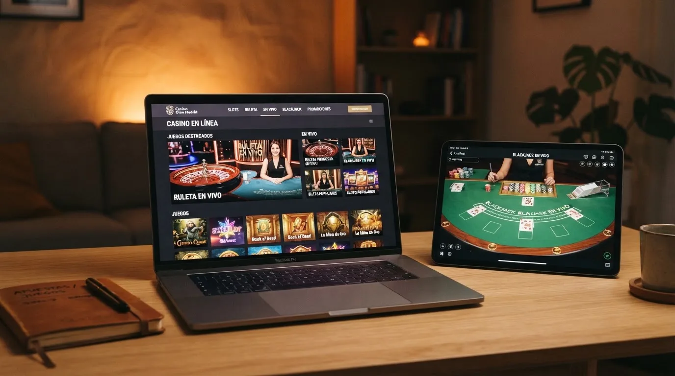 Vestíbulo de un casino online con miniaturas de tragaperras, una mesa de ruleta y una sección de casino en vivo