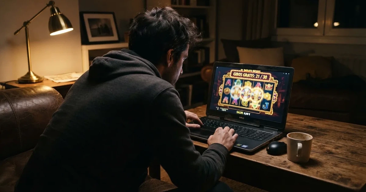 Un jugador frente a la pantalla de un casino online con el contador de giros gratis activo y el saldo en cero euros