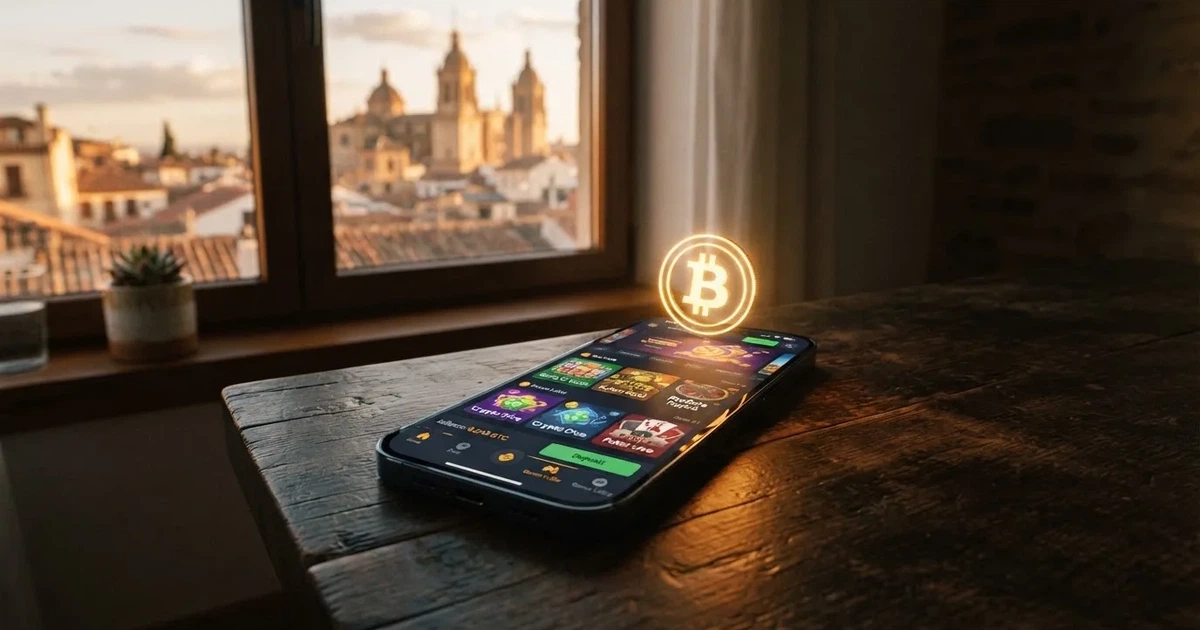 Pantalla de un teléfono móvil con el lobby de un casino online y el símbolo de bitcoin sobre un fondo que evoca el mercado español