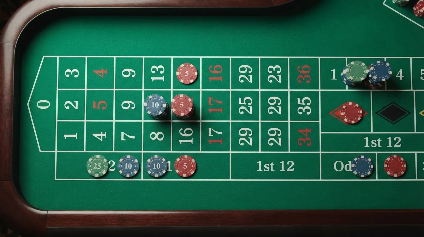 Vista cenital del tapete de una ruleta europea con fichas de colores colocadas sobre un pleno, un caballo y una calle, con el área de apuestas externas visible