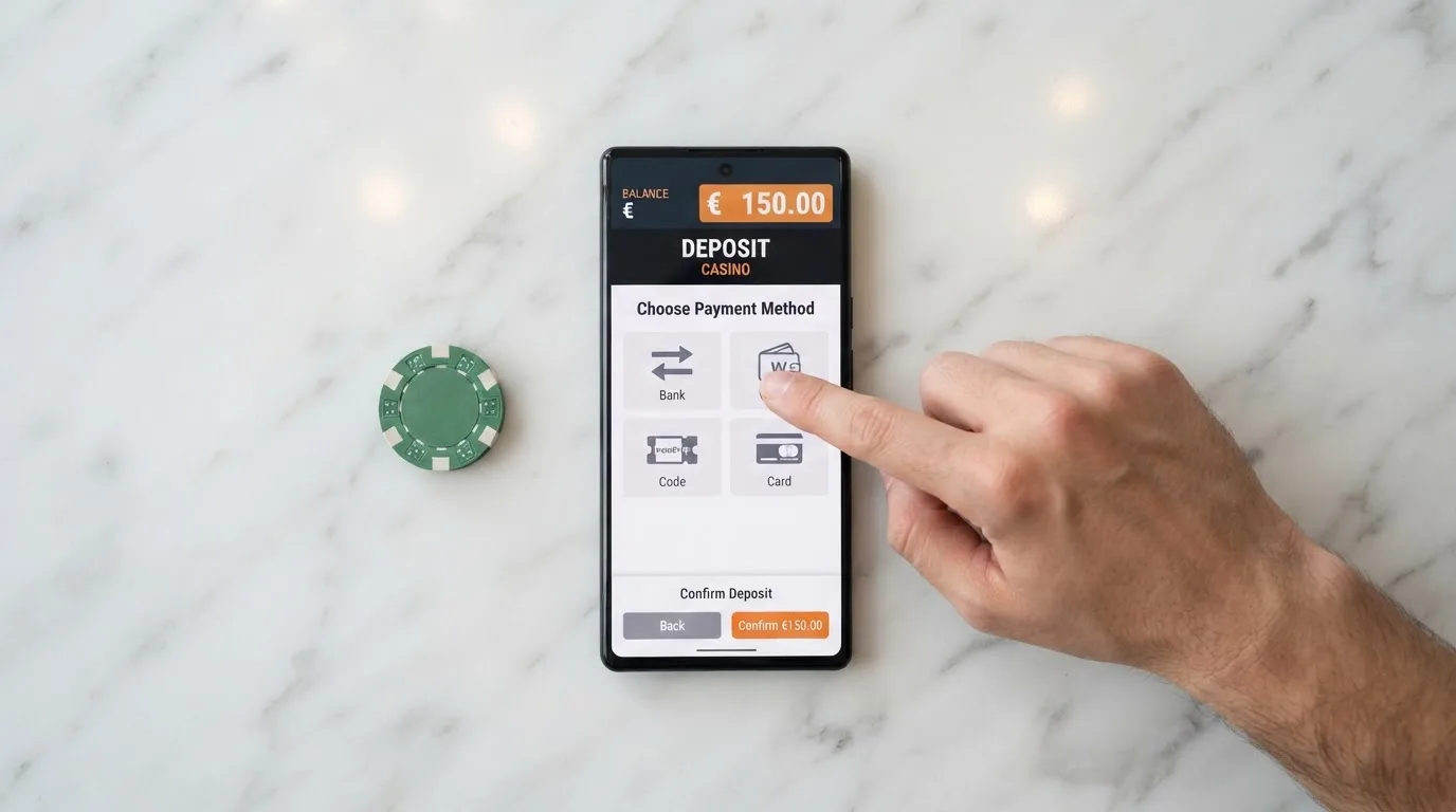 Una mano sostiene un teléfono móvil mostrando la pantalla de depósito de un casino online con los iconos de Bizum, PayPal, Paysafecard y tarjeta Visa visibles como opciones de pago.
