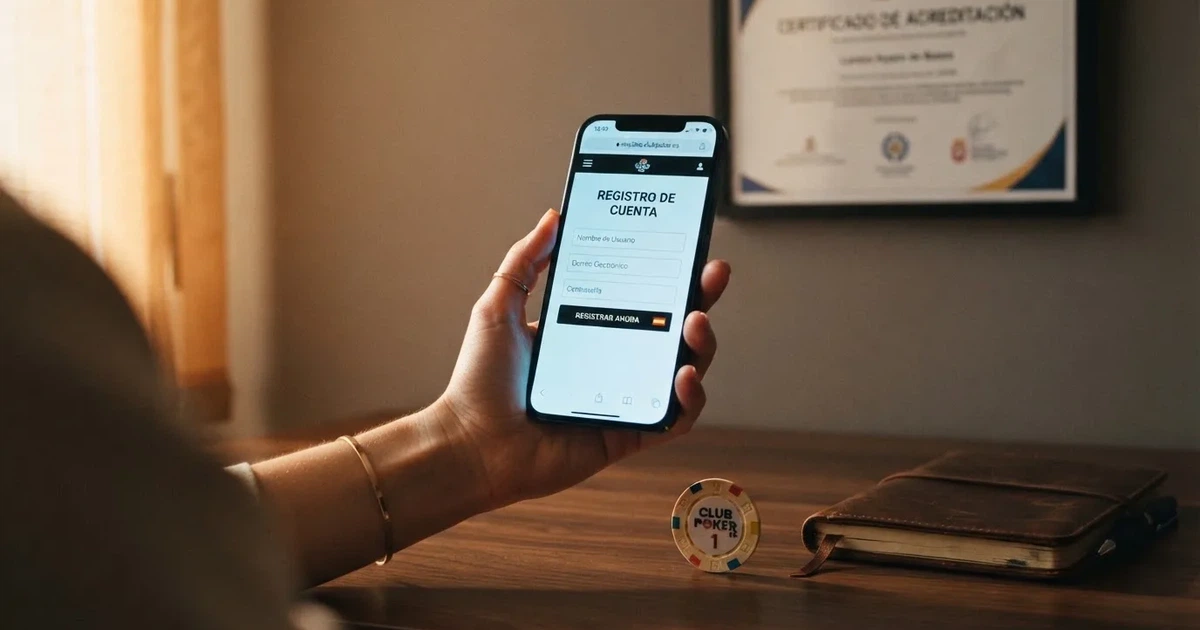 Un móvil mostrando la pantalla de registro de un casino con dominio .es visible en la barra de direcciones, junto a una ficha de póquer y el logotipo de la DGOJ en un dispositivo en segundo plano