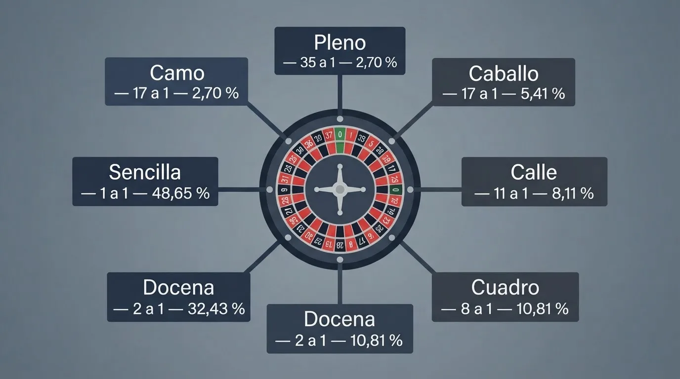 Infogrfía con una ruleta europea en el centro y líneas radiales que conectan cada tipo de apuesta con su pago y su probabilidad, en tonos sobrios