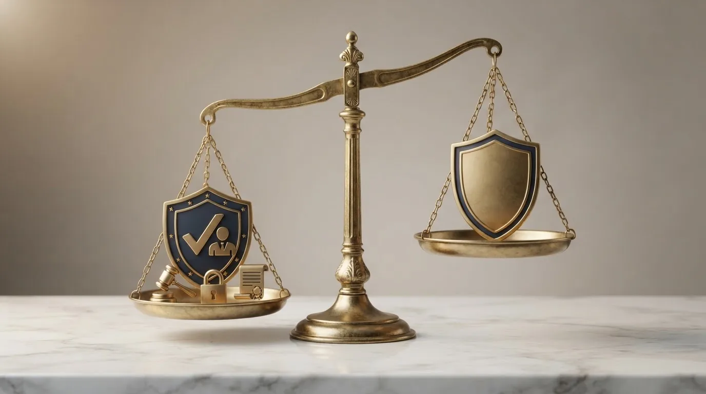 Balanza de dos platillos: en el izquierdo el escudo de la DGOJ con iconos de protección al jugador, en el derecho el escudo de Curazao sin esos iconos