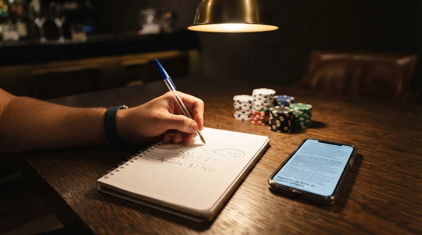 Una calculadora sobre una mesa junto a fichas de casino y un móvil con la pantalla de términos del bono, ilustrando el cálculo de 50€ × 50 = 2.500€ en apuestas requeridas